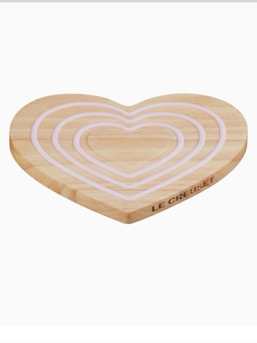 Le Creuset Heart-Shaped Wooden Magnetic Trivet | pink silicon rings | NEW in Box